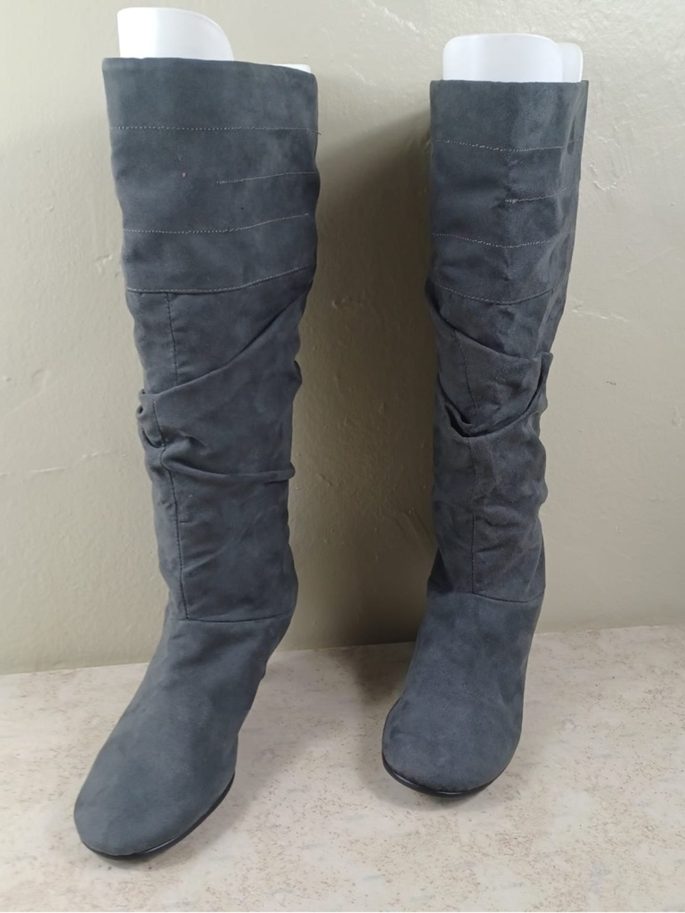 AEROSOLES Slate Gray Suede Mid-Calf Heeled Boots